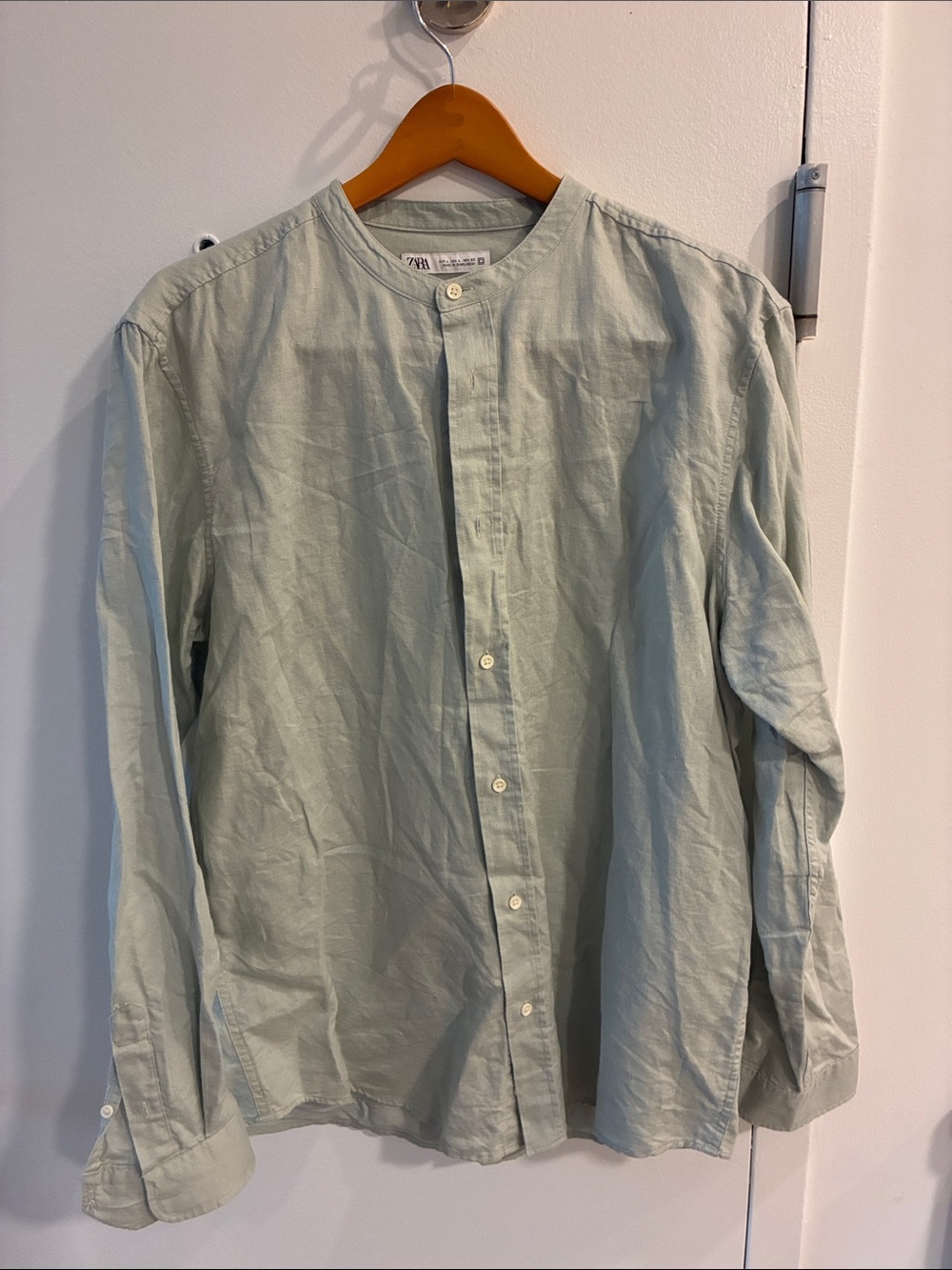 Zara Sage Green Band Collar Casual Button-Down Shirt